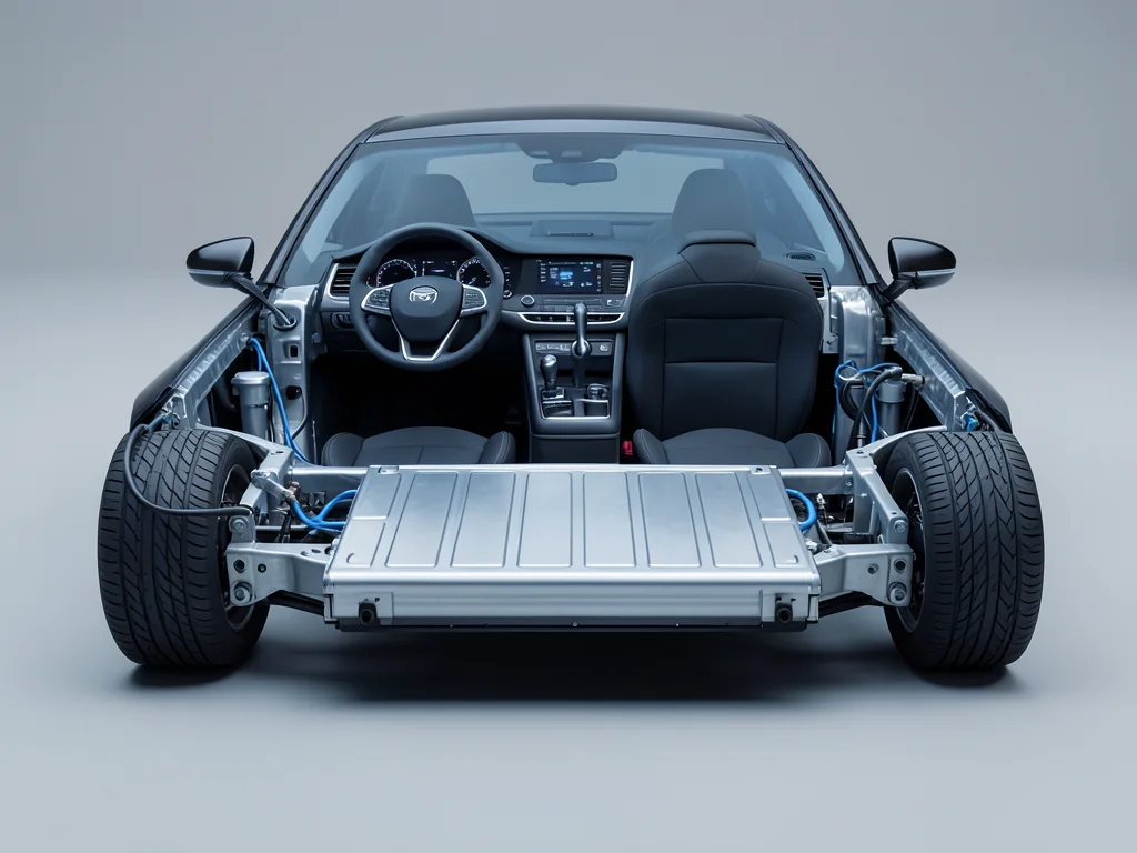 Cutaway view of an electric car floor showing a high-voltage battery pack with modules and cooling lines