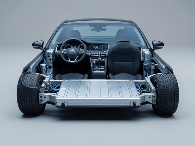 Cutaway view of an electric car floor showing a high-voltage battery pack with modules and cooling lines