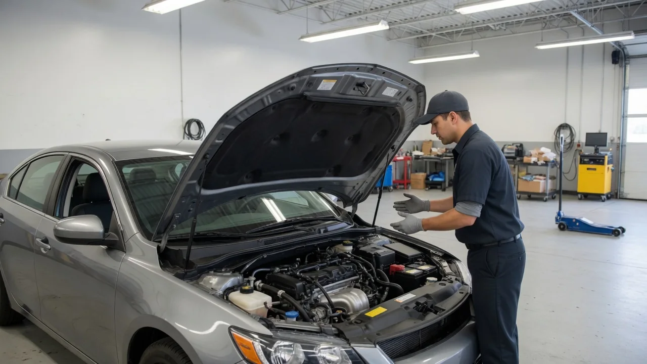 Vehicle parked with its engine off and hood open for a visual fuel system inspection
