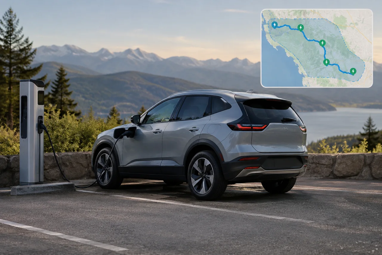 Electric car beside a charging station with a route map showing planned charging stops