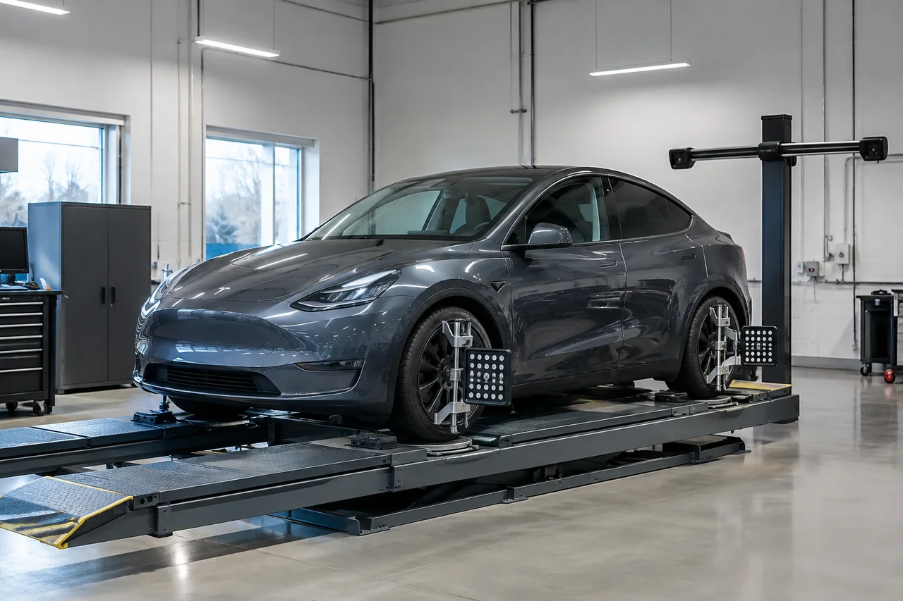 Tesla Model Y on an alignment rack with measuring targets attached to its wheels
