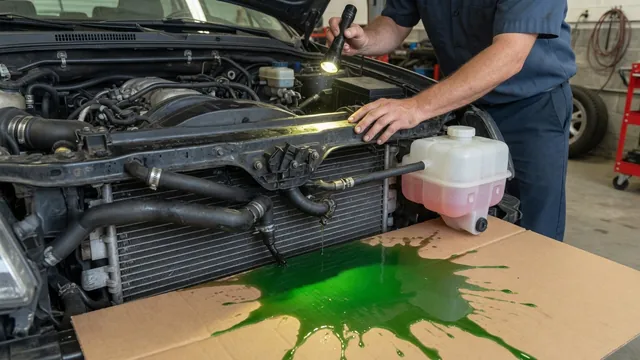 Mechanic inspecting an engine bay with a flashlight for the source of a coolant leak, with green coolant pooled on cardboard under the radiator