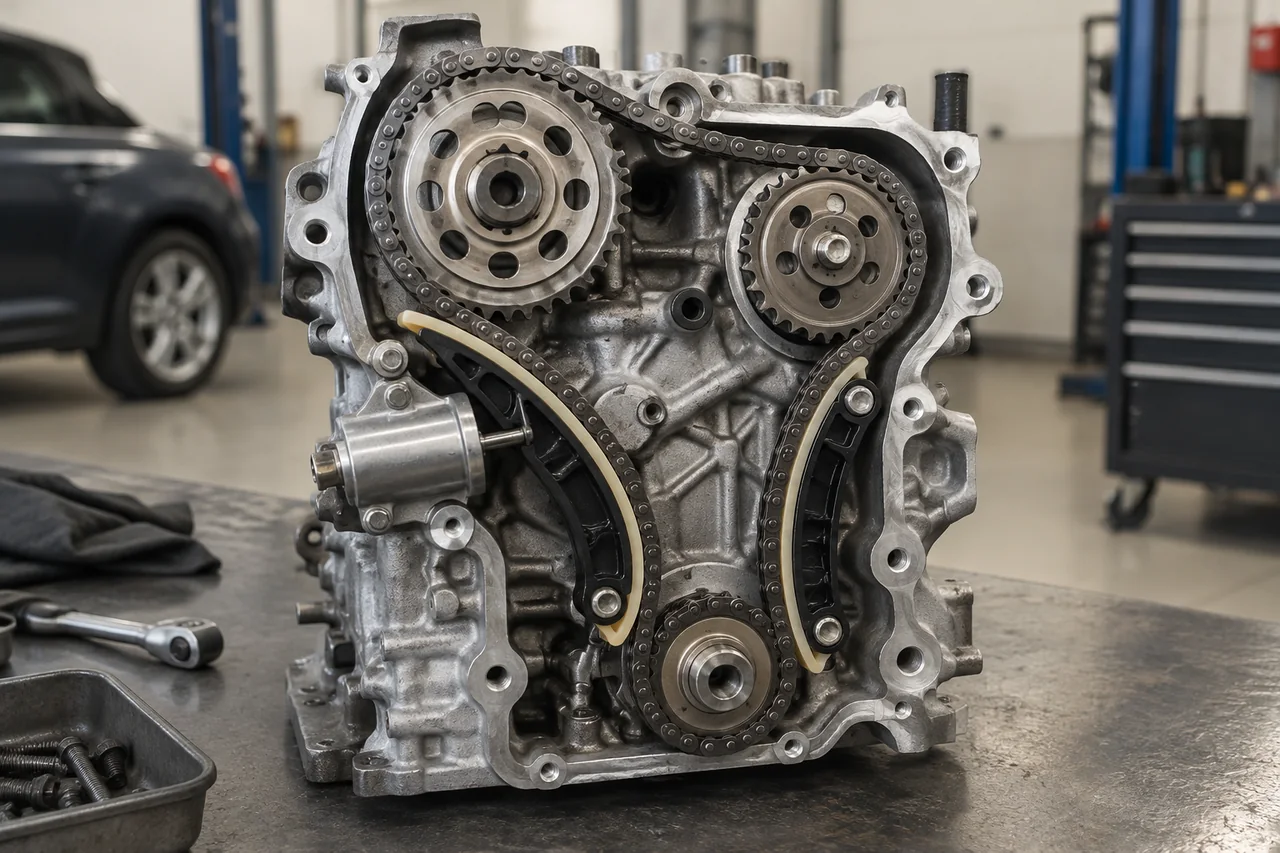 Close-up illustration of an engine timing chain, sprockets, tensioner, and chain guides