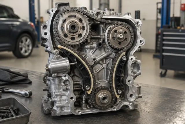 Close-up illustration of an engine timing chain, sprockets, tensioner, and chain guides