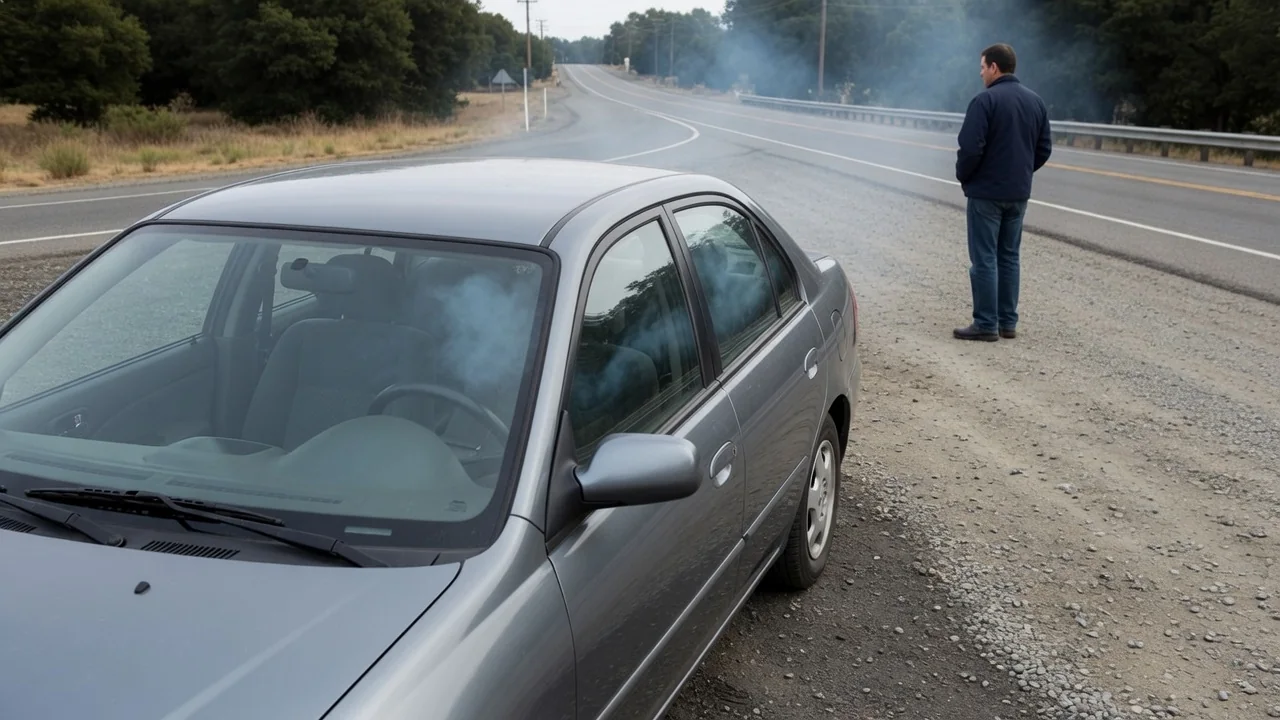 Driver standing safely away from a parked car with faint smoke visible inside the cabin