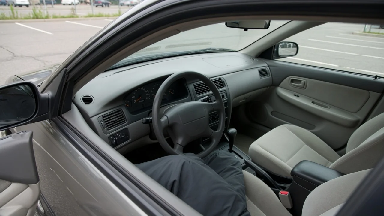 Driver checking a dashboard warning while safely parked with the driver’s door open.