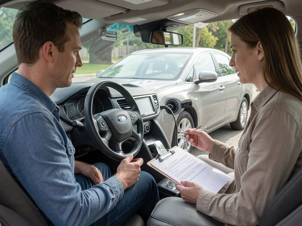 Used car buyer and seller discussing a written offer beside a parked car