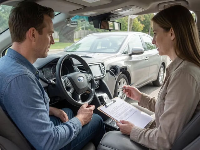 Used car buyer and seller discussing a written offer beside a parked car