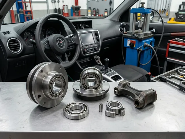 Cartridge wheel bearing, hub, and press adapters arranged on a clean automotive workbench