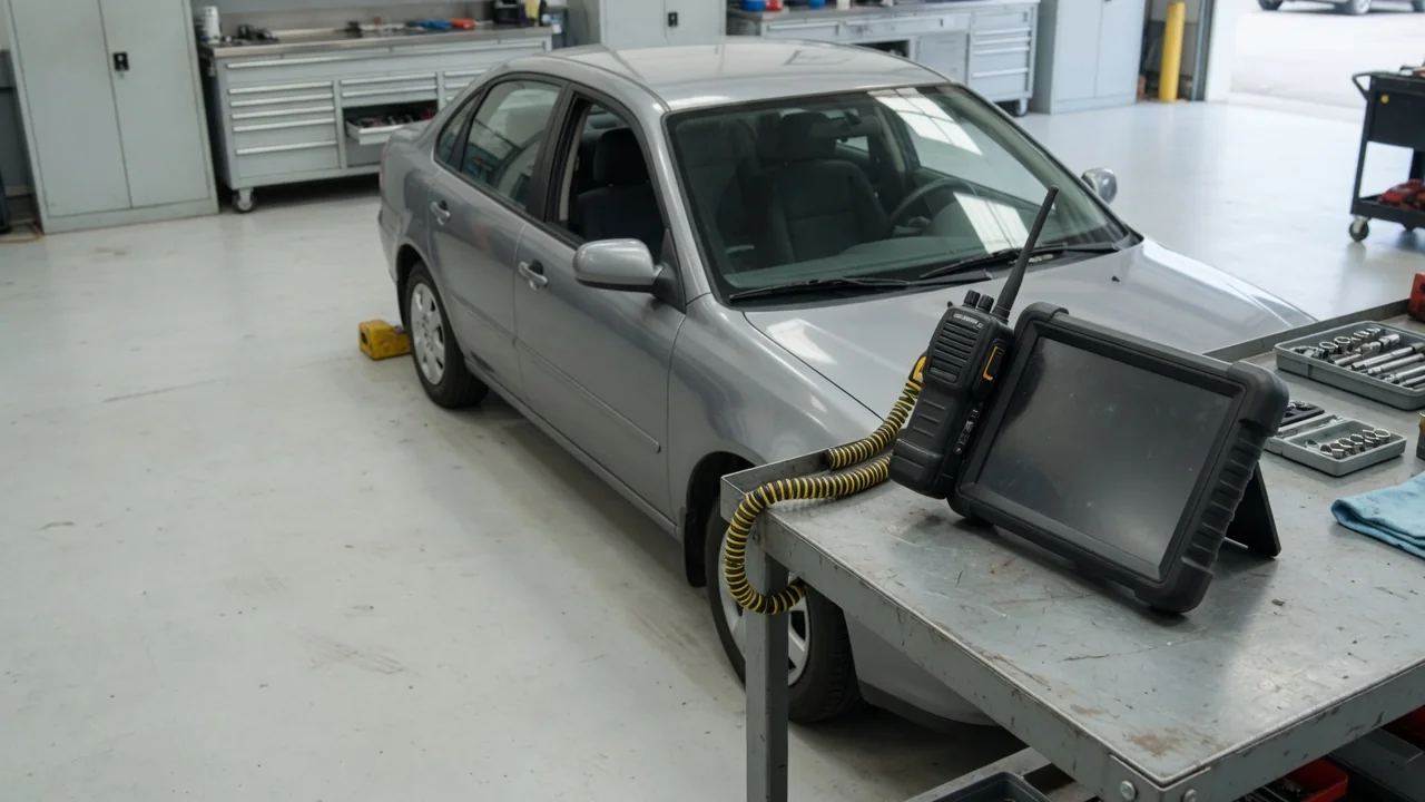 Diagnostic scanner beside a parked vehicle during a fuel pump control module communication check