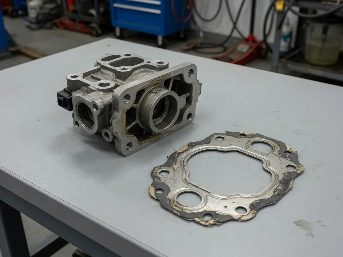 EGR valve and replacement gasket on a clean automotive service workbench