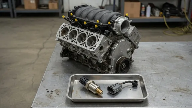 Illustration of an oil pressure sensor and electrical connector beside a GM 5.3 Vortec engine