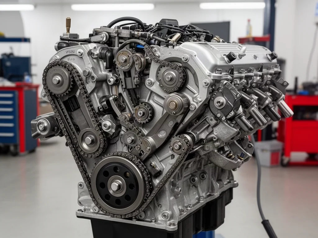 Illustration of a V6 timing chain assembly with chains, sprockets, guides, and tensioners