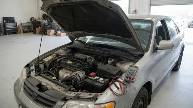 Car battery and alternator with a digital multimeter nearby in an open engine compartment