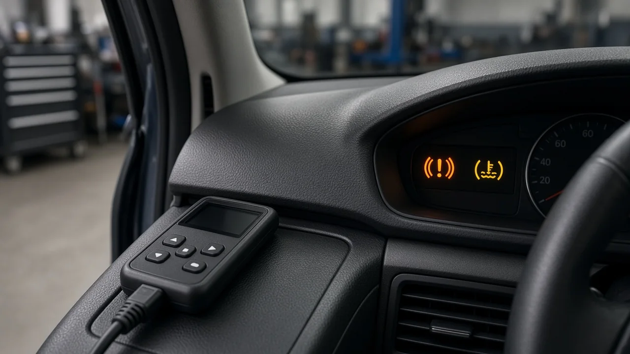 Diagnostic scanner beside a vehicle dashboard with illuminated brake and traction warning indicators