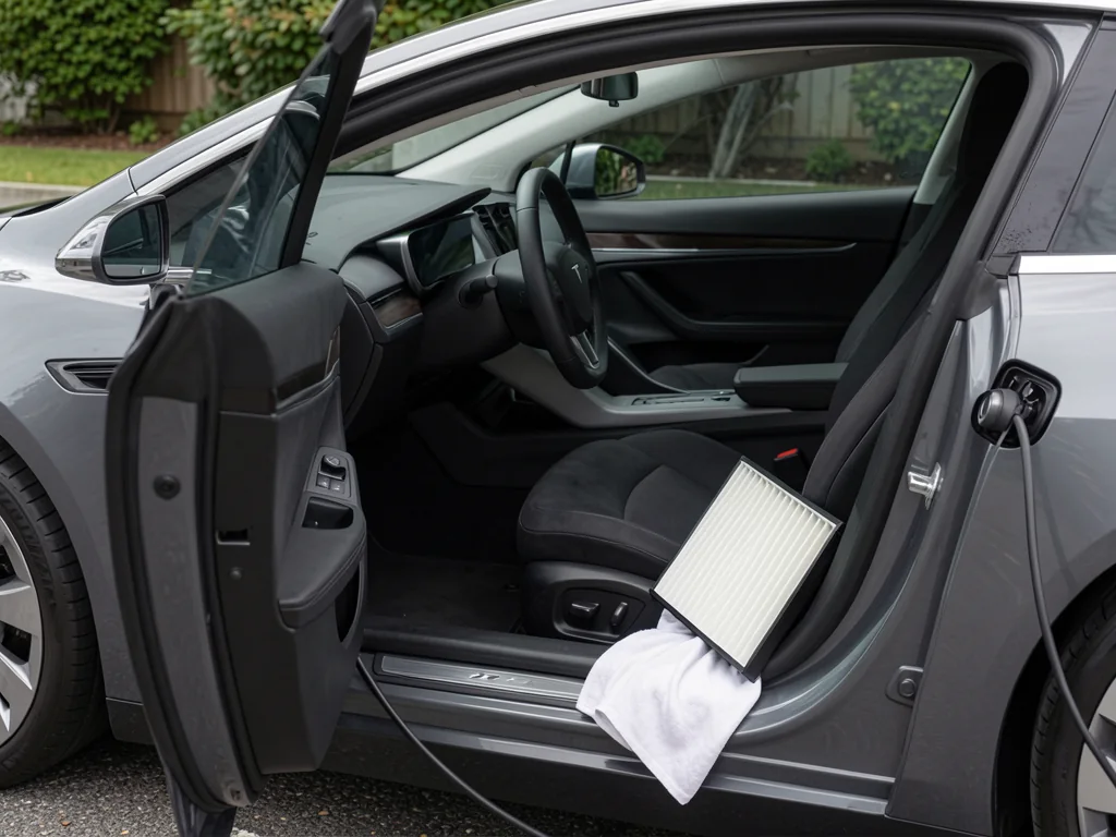 Cabin air filter beside the open front passenger door of a parked Tesla