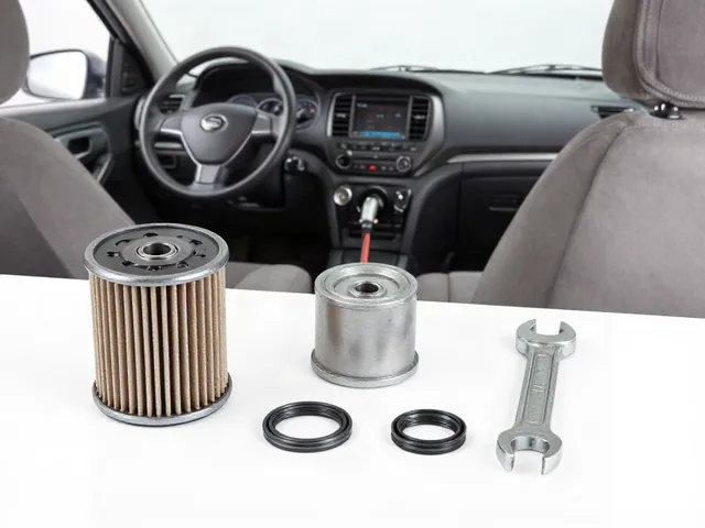 Cartridge oil filter, housing cap, sealing rings, and matching cup wrench arranged on a clean workbench