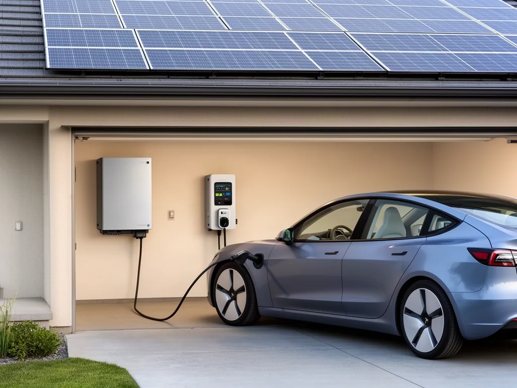 Electric car connected to a bidirectional charger beside a home battery storage cabinet in a garage with solar panels on the roof