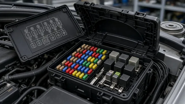 Open vehicle fuse box with its diagrammed cover nearby and the engine switched off