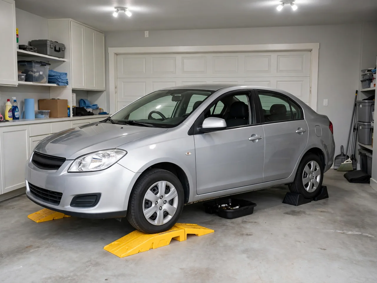 Sedan with front wheels on plastic car ramps in a garage, rear tires chocked and a drain pan under the engine for an oil change