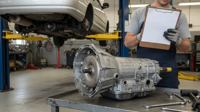 Technician reviewing a repair estimate beside an automatic transmission on a shop workbench