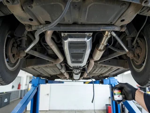 Catalytic converter under a car on a lift with an unbranded fuel additive bottle held nearby