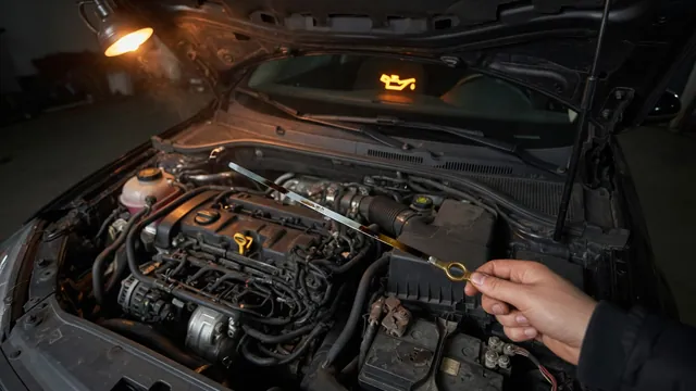 Driver checking the oil dipstick in an engine bay after hearing a loud knocking noise from the engine