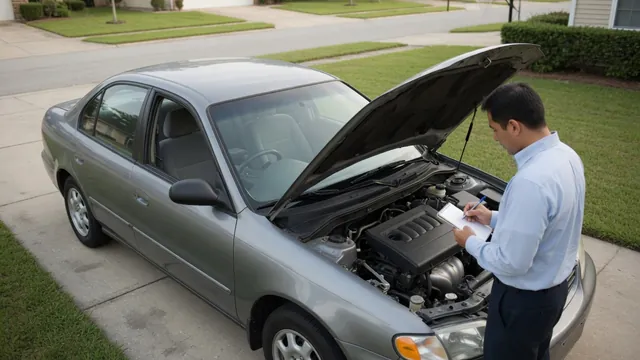 Parked car with its hood open while the driver notes details about a startup rattle