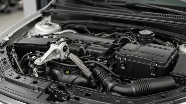Open engine bay showing an engine mount, ground strap and air filter housing, parts sometimes linked to misfire symptoms