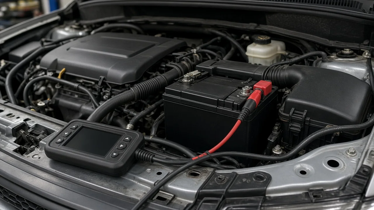 Diagnostic scanner beside a vehicle battery during a chassis electrical fault inspection