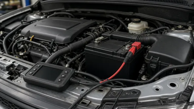 Diagnostic scanner beside a vehicle battery during a chassis electrical fault inspection