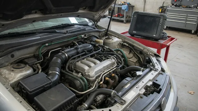 Diesel engine bay with a diagnostic scanner and glow plug system components
