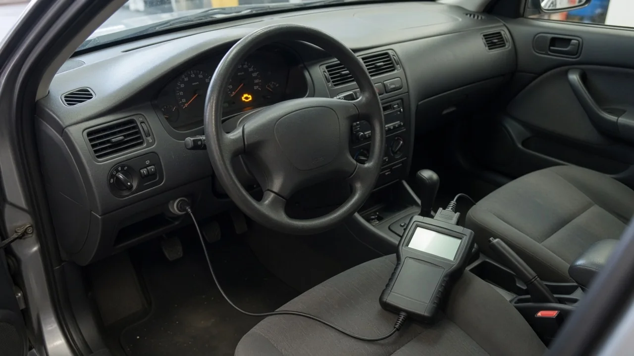 Dashboard with an illuminated check engine light and a diagnostic scanner beside the steering wheel