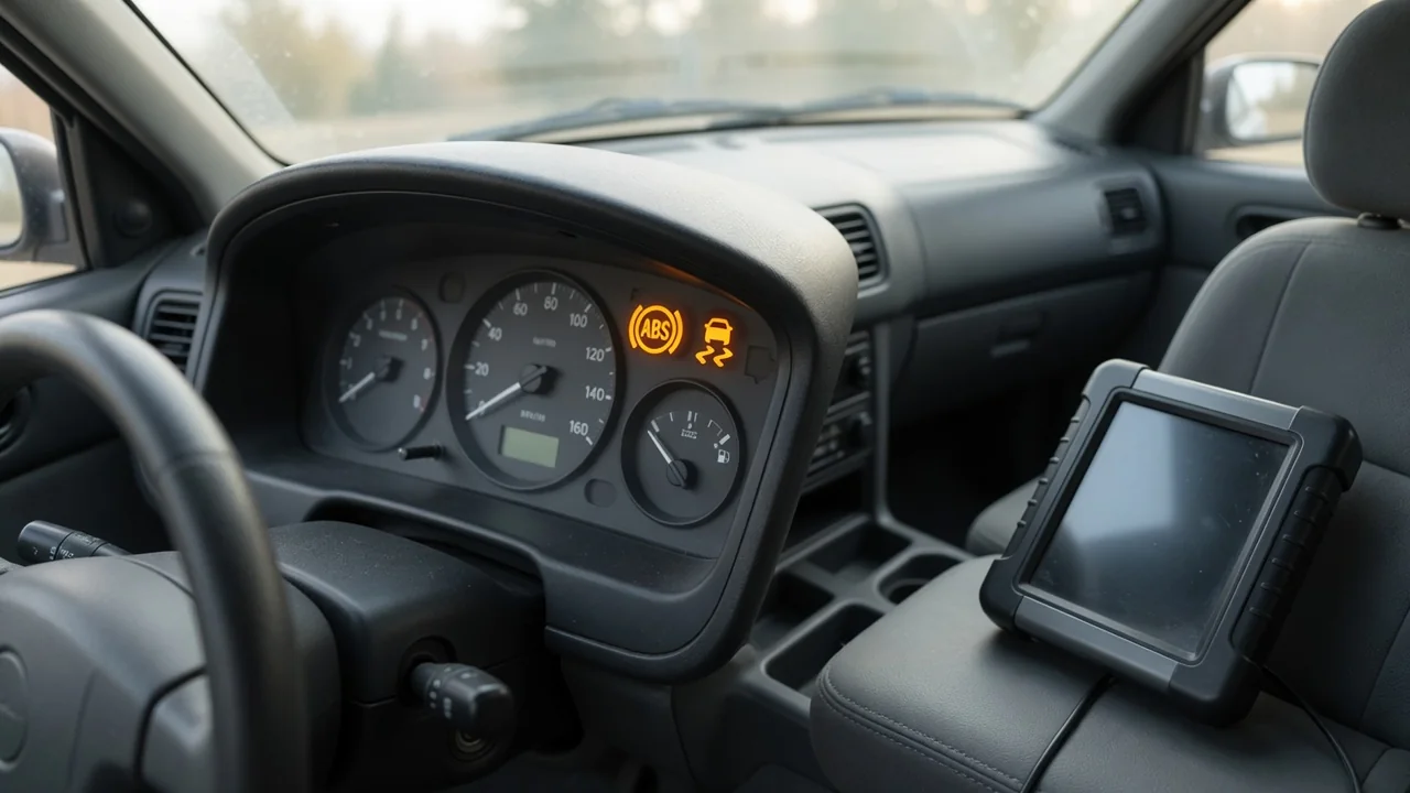 Dashboard with lit ABS and traction control warning lights next to a handheld diagnostic scan tool
