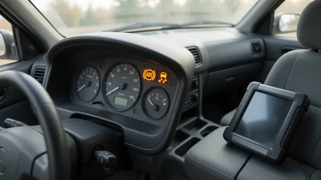 Dashboard with lit ABS and traction control warning lights next to a handheld diagnostic scan tool