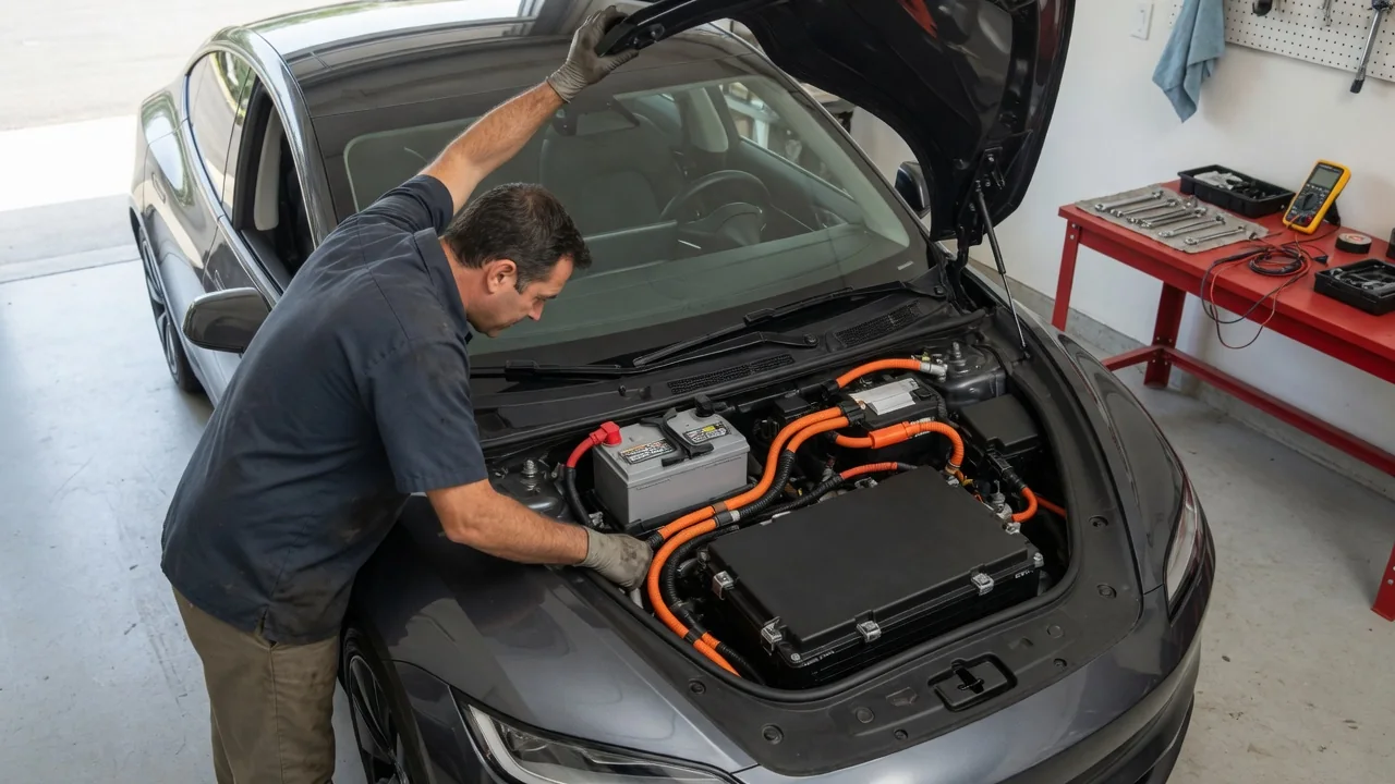 Automotive scene illustrating Why Does a Car Still Have a 12-Volt Battery if It Is Electric