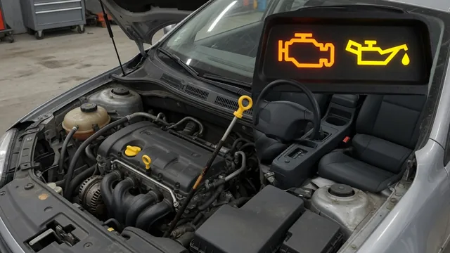 Illuminated engine and oil warning symbols beside an oil dipstick and oil filler cap