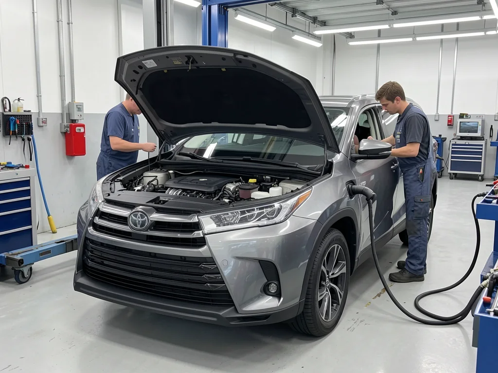 Toyota Highlander in a service bay with its hood open for an engine inspection