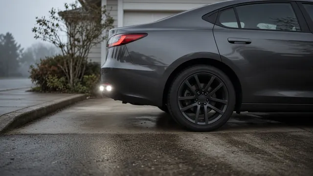 Sedan backing out of a damp driveway with reverse lights on, showing the rear wheel where brake noise can occur