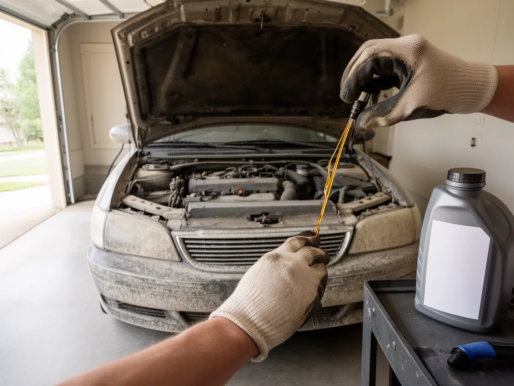 Hand holding an oil dipstick over the engine of a dusty car parked in a garage, with a motor oil bottle nearby