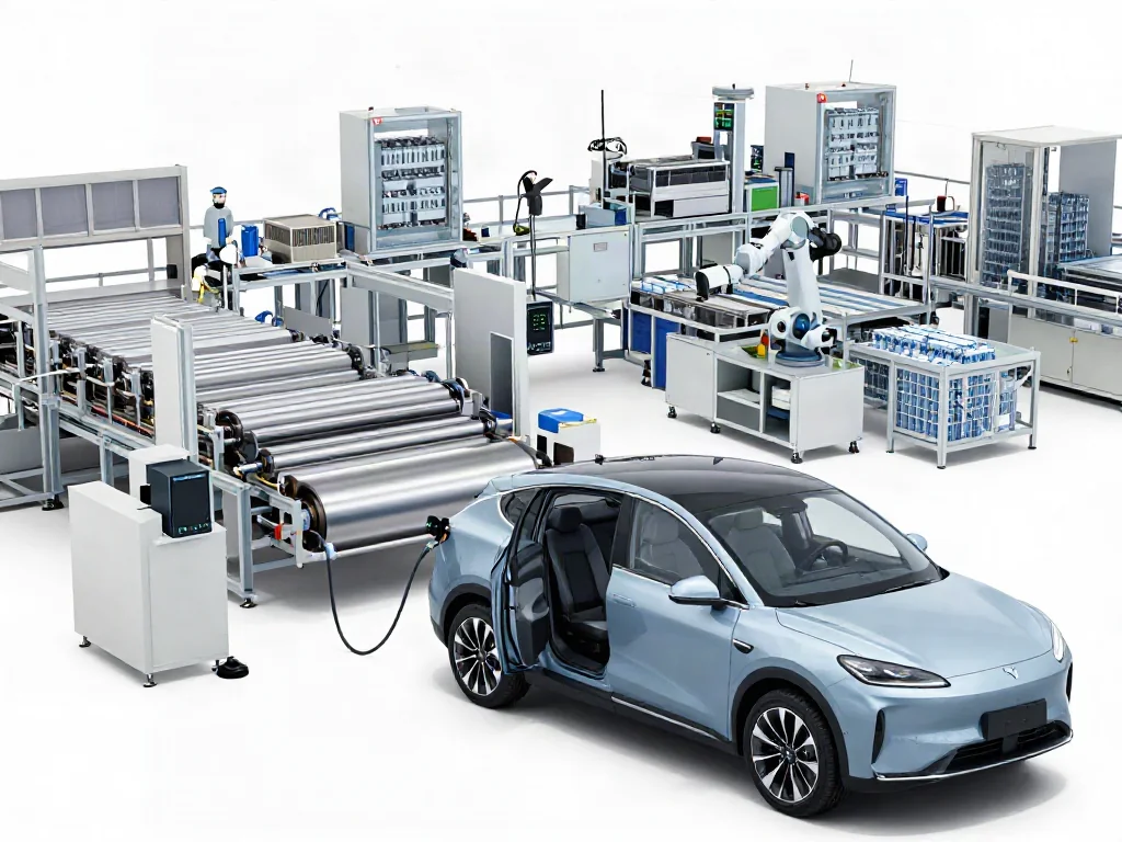Illustrated EV battery production line showing electrode coating, cell assembly, testing, and pack assembly