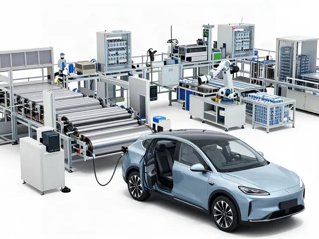 Illustrated EV battery production line showing electrode coating, cell assembly, testing, and pack assembly