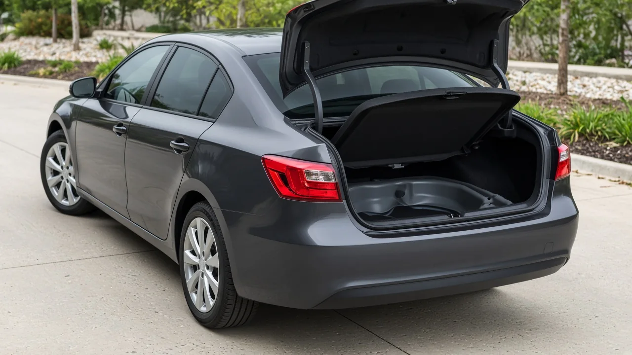 Open Infiniti Q50 trunk with the cargo floor lifted to inspect the underfloor storage area