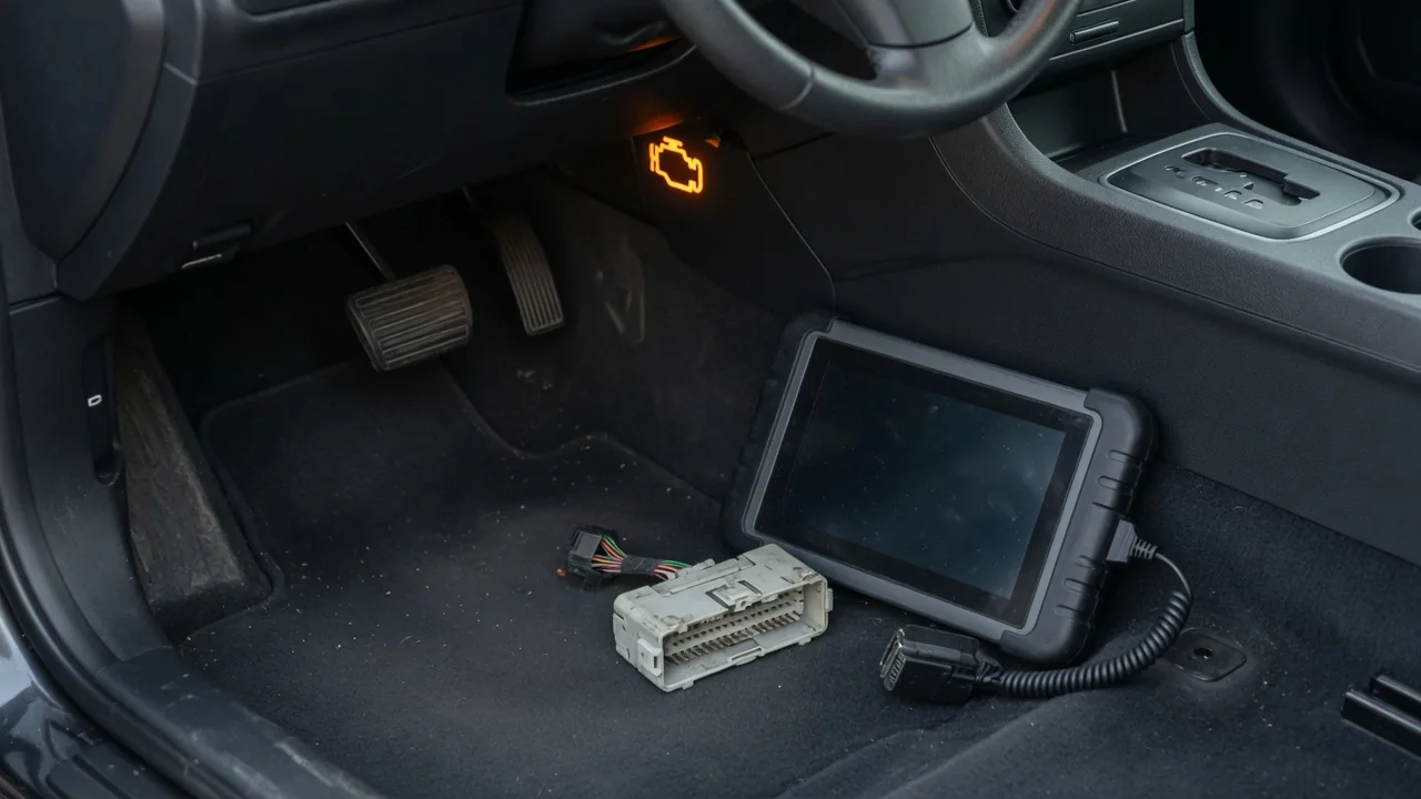 Dashboard warning light and diagnostic scanner beside a stationary vehicle’s accelerator pedal