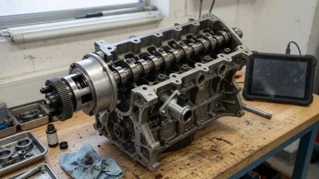 Illustration of bank 2 exhaust camshaft timing components in a conceptual automotive engine