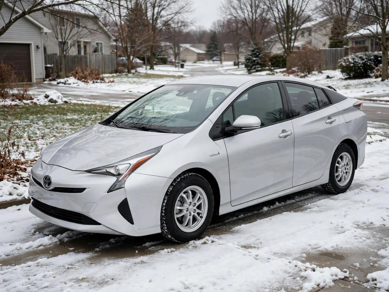 Toyota Prius parked on a snowy driveway with winter tire tread visible