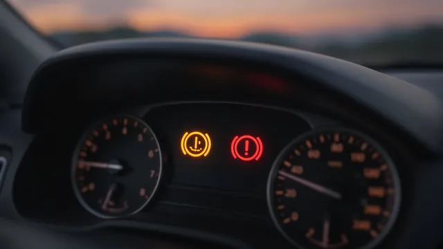 Car dashboard showing the amber ABS warning light and the red brake warning light illuminated at the same time