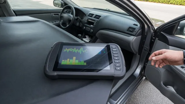 Diagnostic scanner displaying P1417 beside a parked vehicle in an automotive workshop