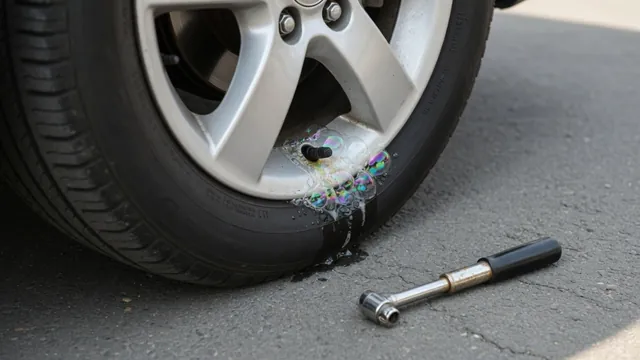 Soap bubbles around a tire valve stem during a stationary tire leak check