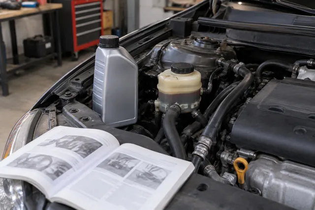 Hydraulic power steering reservoir beside an ATF bottle and an open vehicle owner's manual